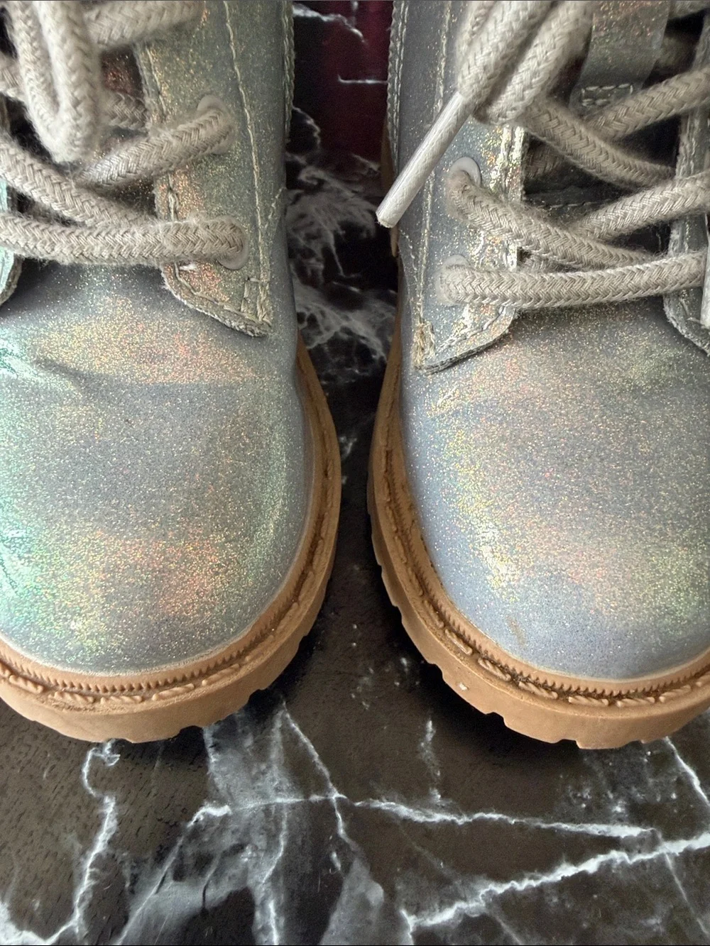 Old Navy Iridescent Silver Holographic Lace-Up Kids Boots